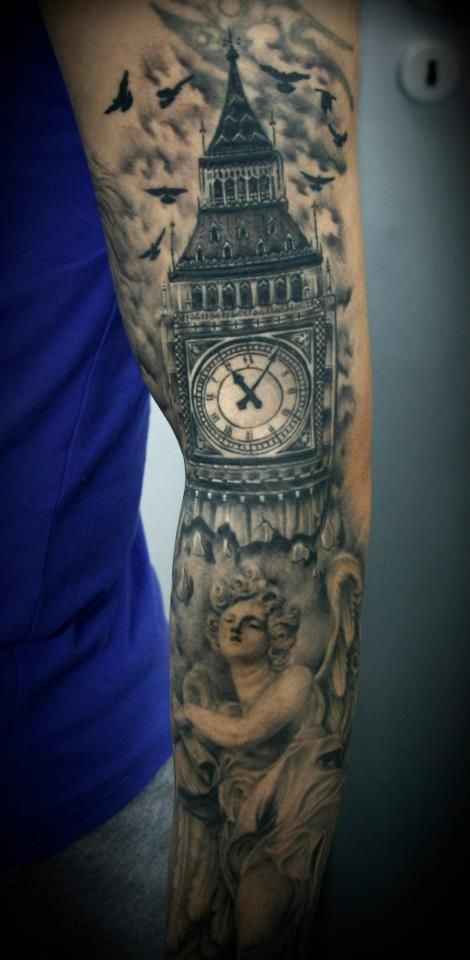 Left Sleeve Grey Ink Big Ben Tattoo