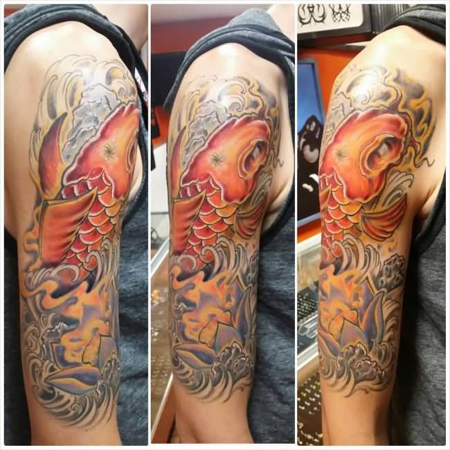 Man Right Half Sleeve Dragon Fish Tattoo