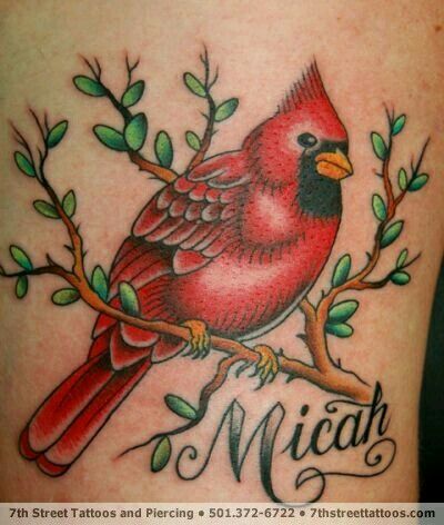 Micah Name And Cardinal Sit On Branch Tattoo