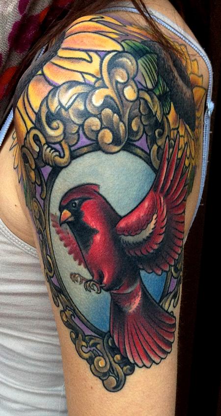 Mirror Frame And Fying Cardinal Tattoo On Half Sleeve