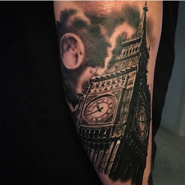 Moon And Big Ben Tattoo On Arm Sleeve