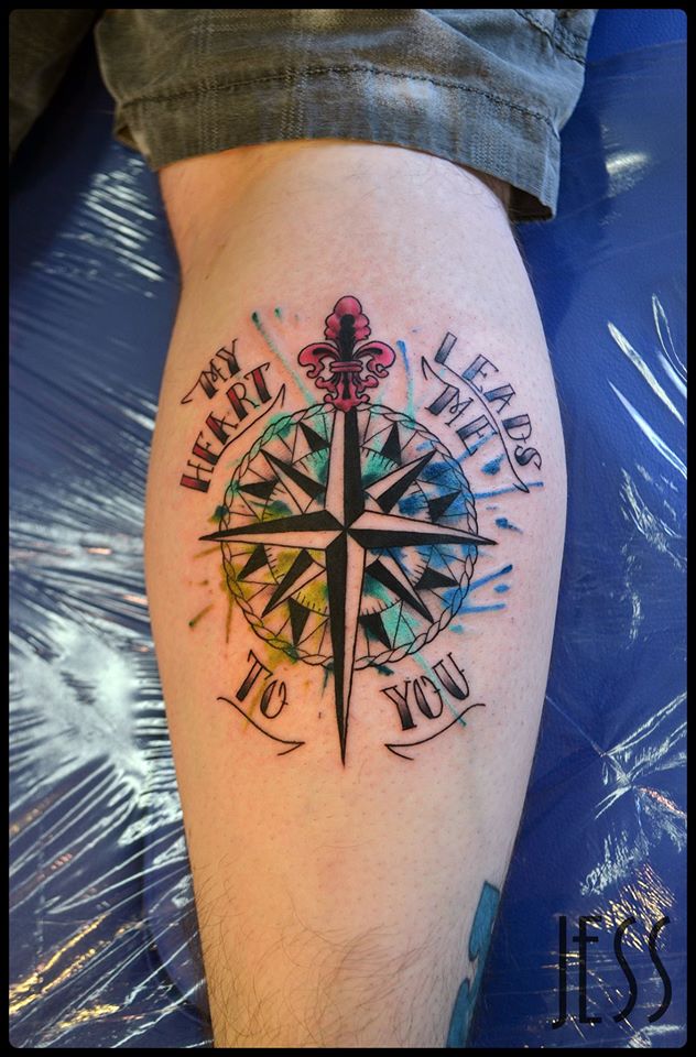 Nautical Compass Tattoo On Leg Calf by Jess Dunfield