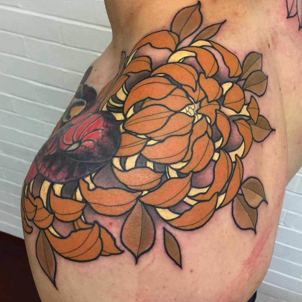 Neo Traditional Chrysanthemum Tattoo On Upper Shoulder