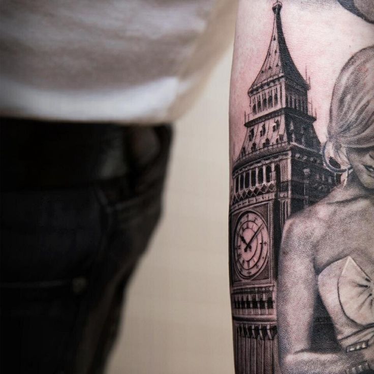 Nice Grey Ink Big Ben London Tattoo On Left Forearm