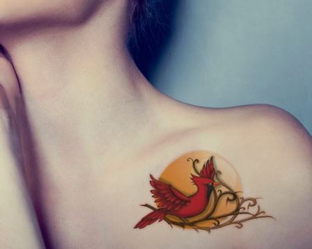 Nice Red Ink Cardinal Bird Tattoo On Front Shoulder