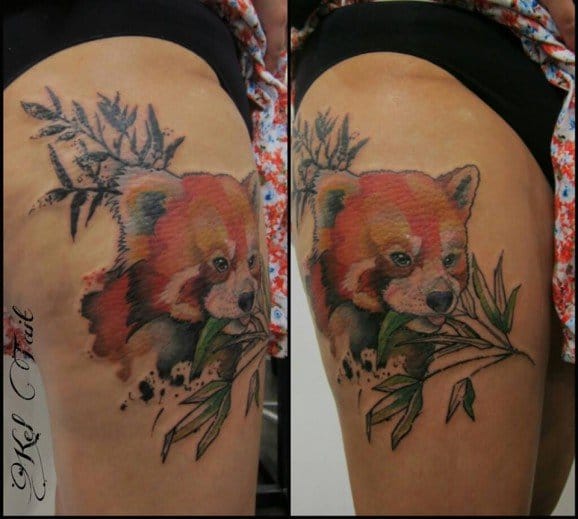 Nice Red Panda Tattoo On Side Thigh by Kel Tait