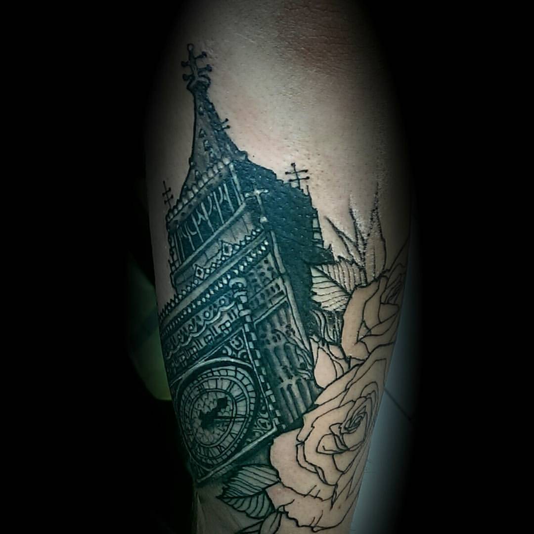 Outline Roses And Big Ben Tattoo On Arm
