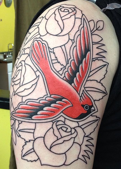Outline Roses And Flying Cardinal Tattoo On Shoulder