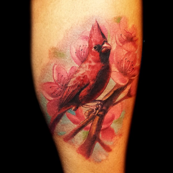 Pink Flower And Cardinal Tattoo Design