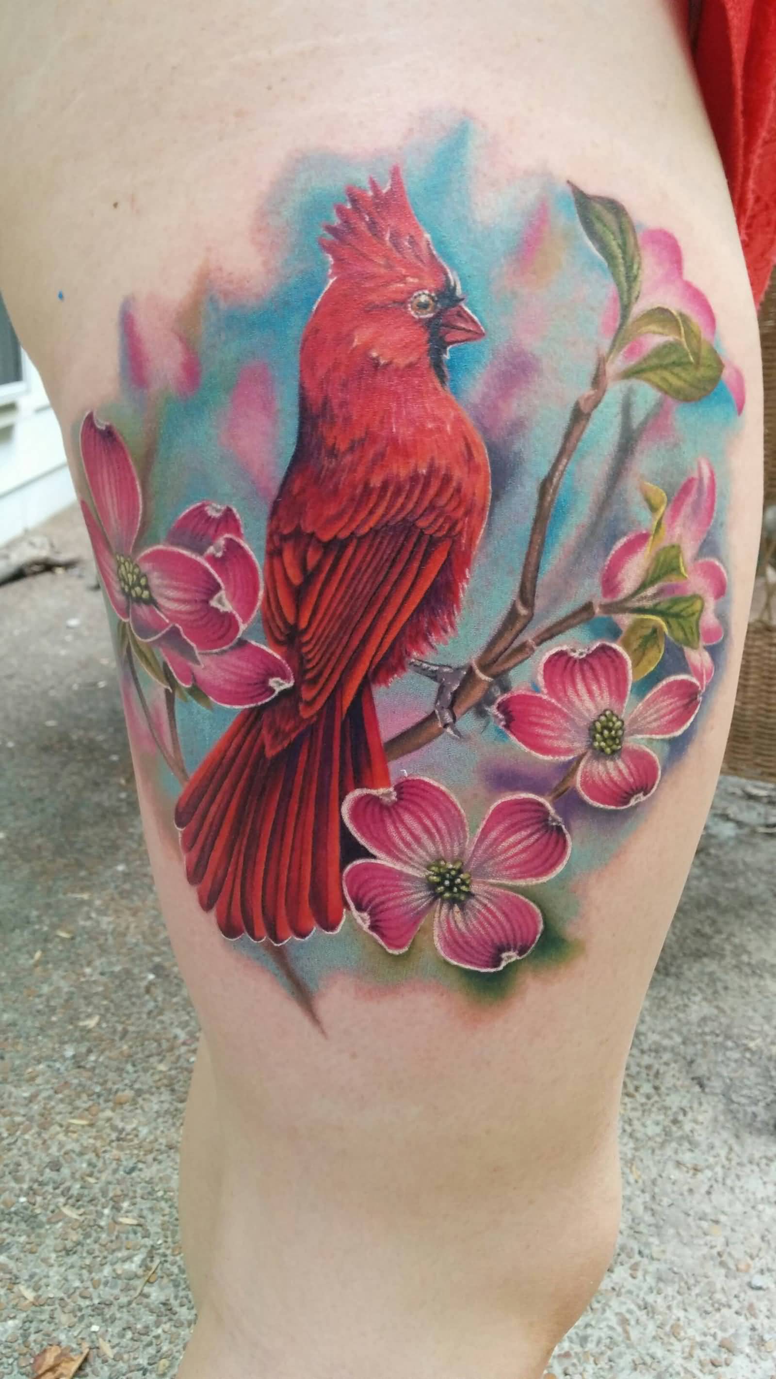Pink Flowers And Cardinal Tattoo On Thigh