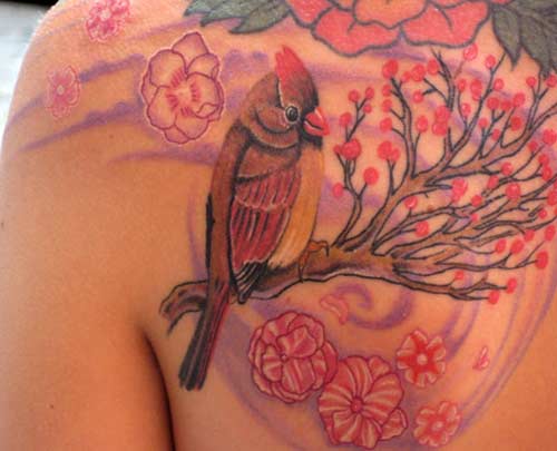 Pink Flowers Tree And Cardinal Tattoo On Back Shoulder