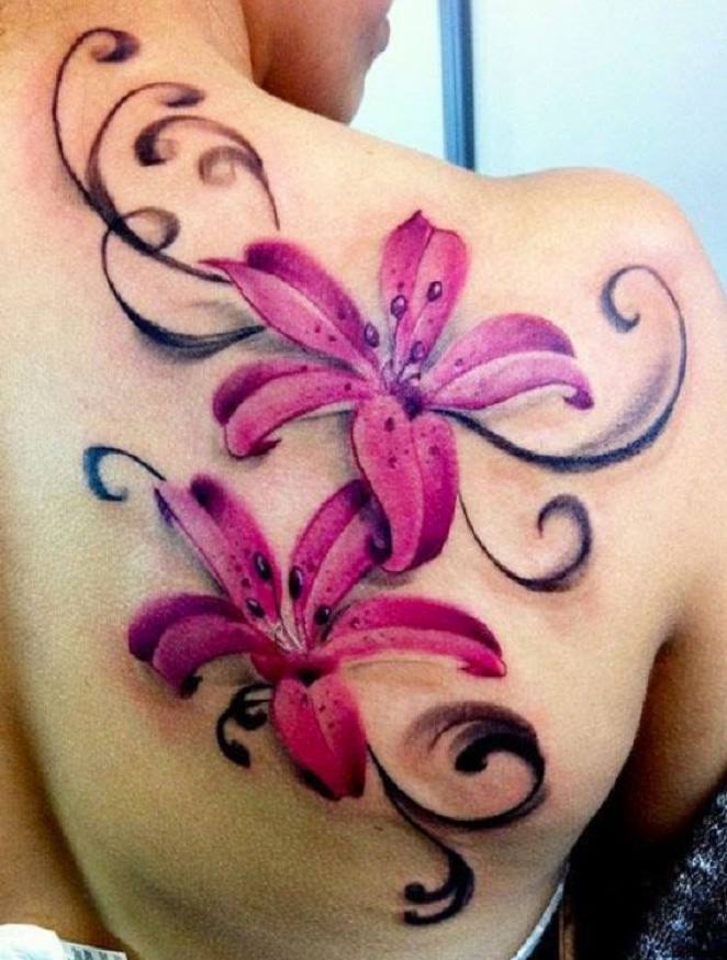 Pink Lily Flowers Tattoos On Back Shoulder