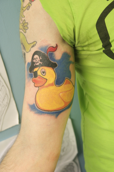 Pirate Rubber Duck Tattoo On Inner Bicep