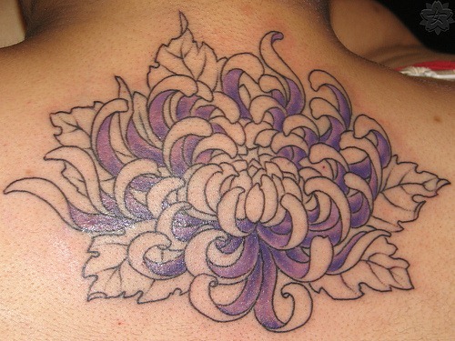 Purple And White Ink Chrysanthemum Tattoo On Upper Back