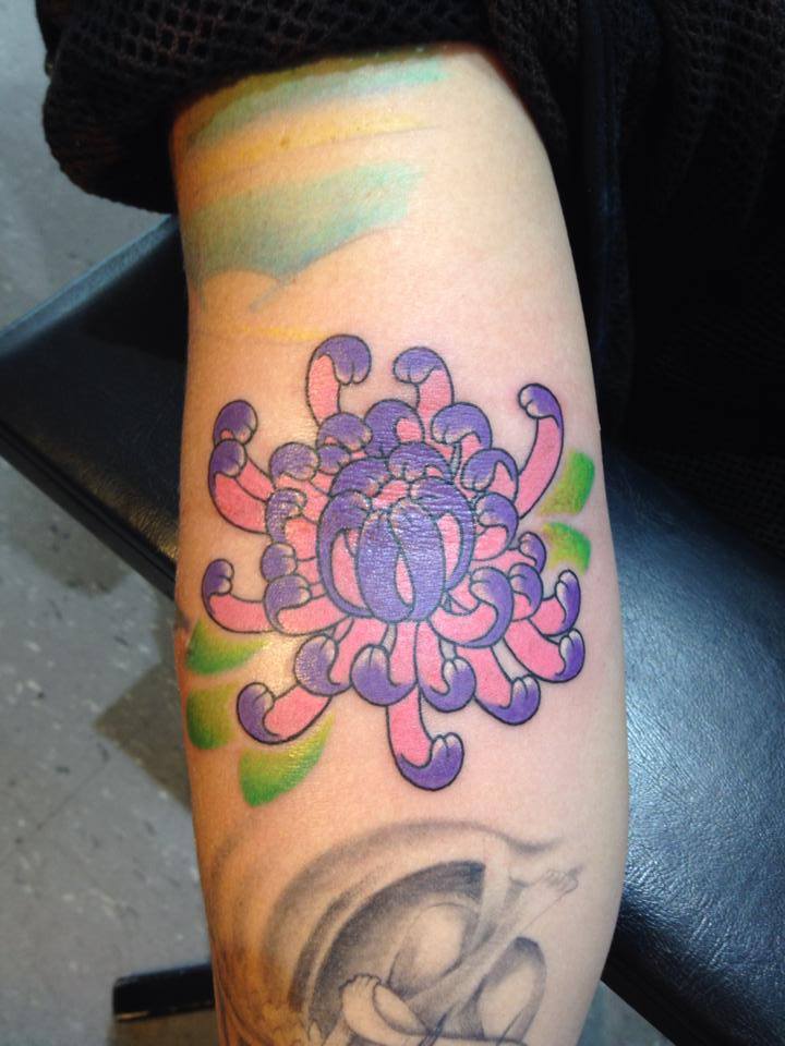 Purple Chrysanthemum Tattoo On Right Forearm