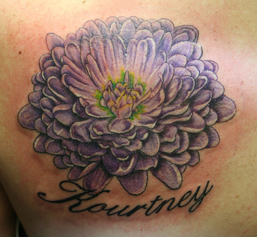 Purple Chrysanthemum Tattoo With Kourtney Name