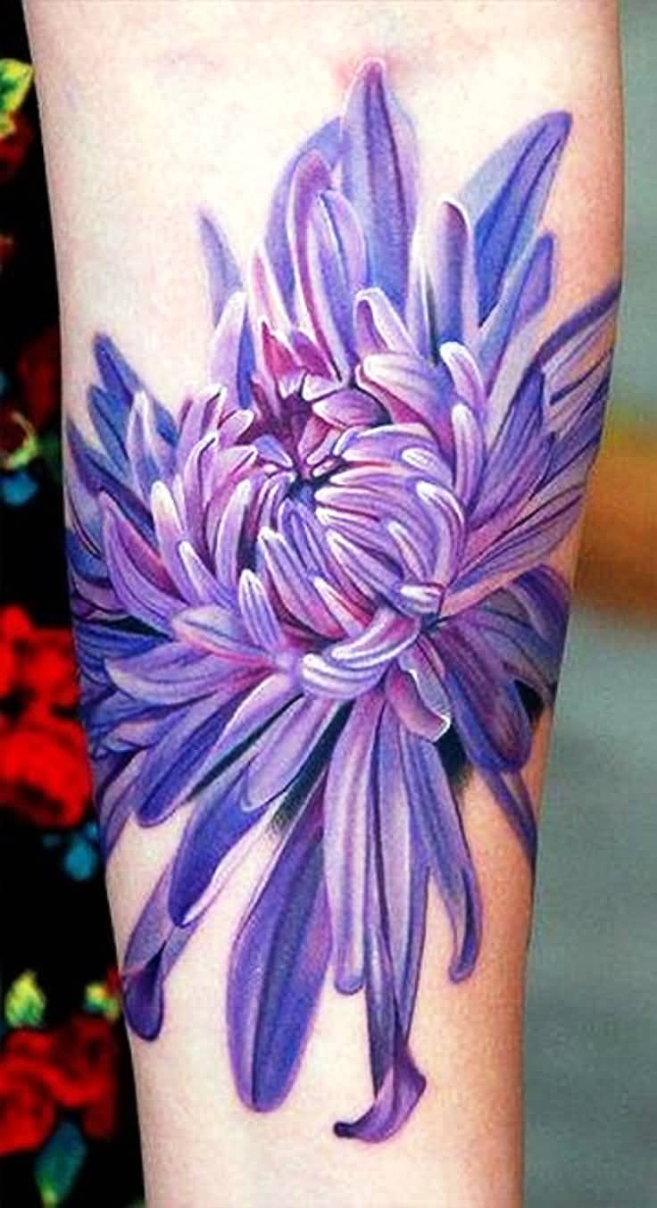 Purple Ink Chrysanthemum Tattoo on Left Forearm