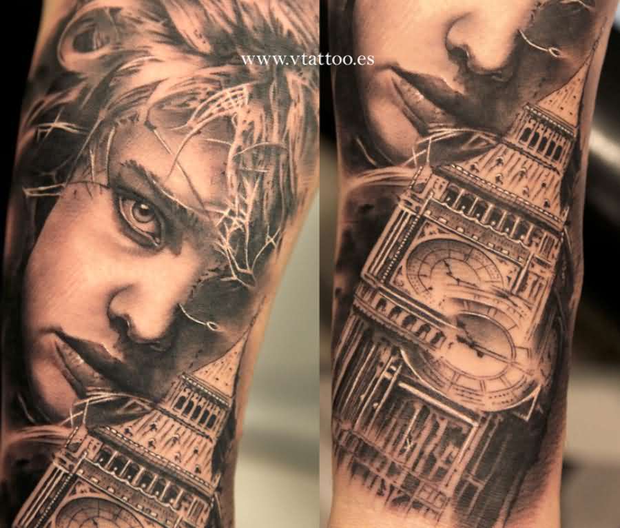Realistic Grey Big Ben Tattoo On Arm Sleeve