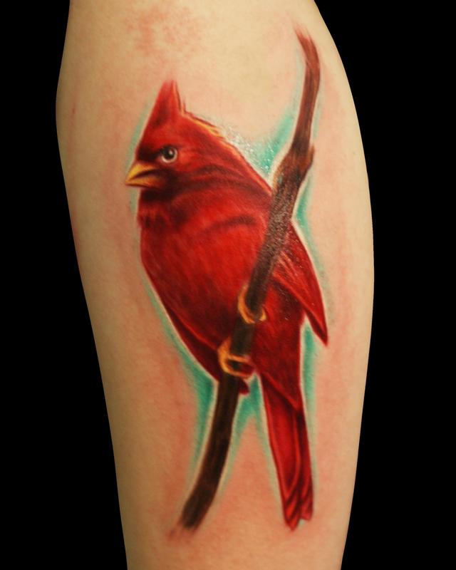 Realistic Red Ink Cardinal Tattoo