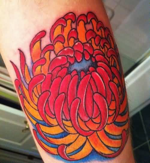 Red And Blue Chrysanthemum Tattoo On Sleeve