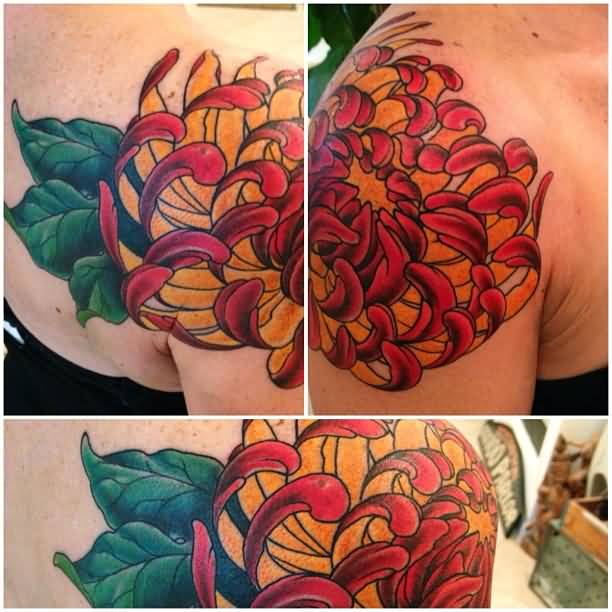Red And Yellow Chrysanthemum Tattoo On Shoulder