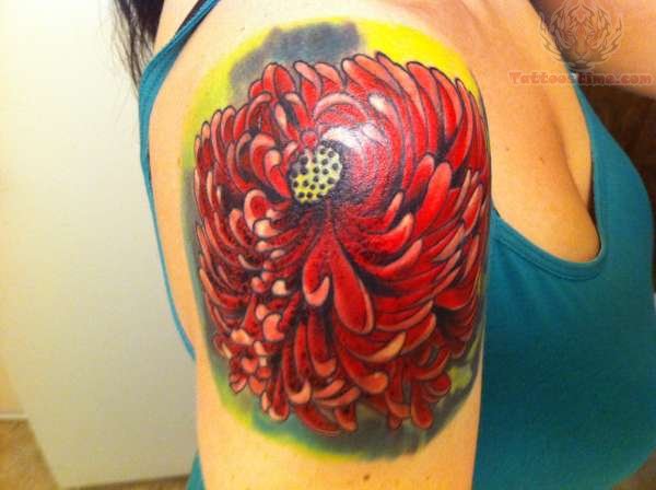 Red Ink Chrysanthemum Tattoo On Shoulder