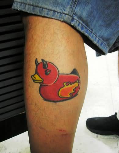 Red Ink Devil Duck Tattoo On Leg