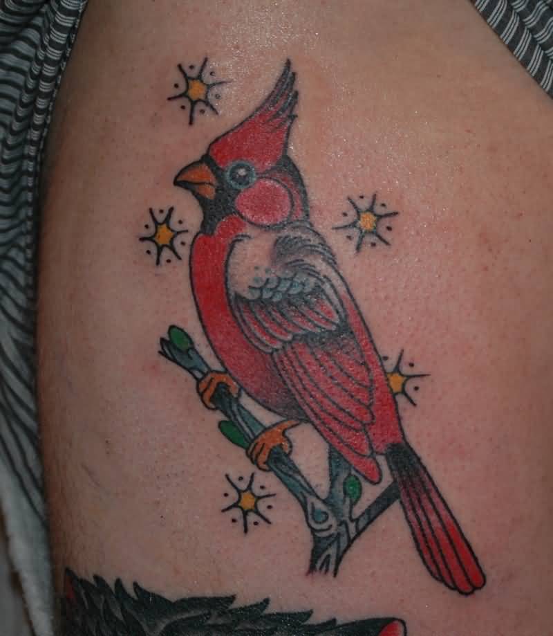 Red Ink Traditional Cardinal Tattoo On Left Shoulder