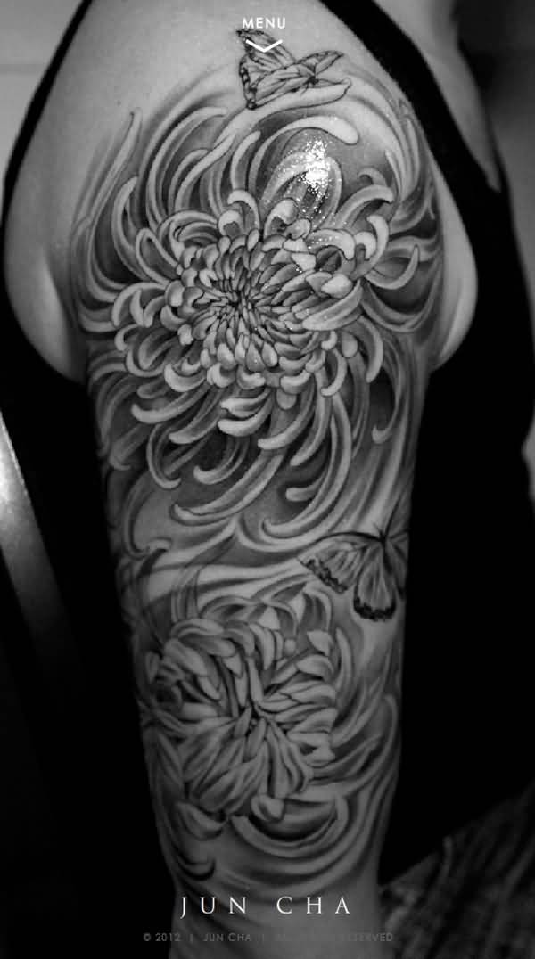 Right Half Sleeve Grey Ink Chrysanthemum Tattoo