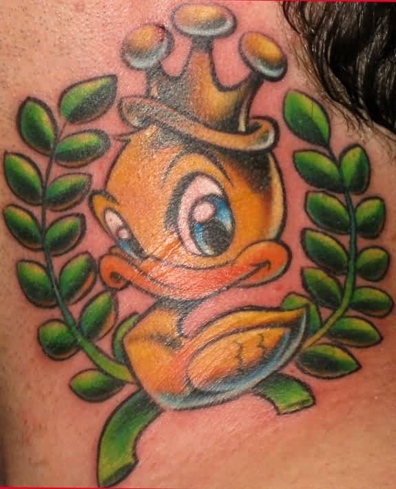 Rubber Duck With Crown Tattoo On Side Neck