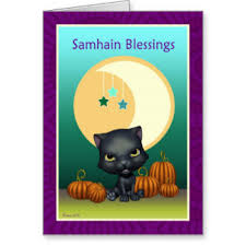 Samhain Blessings Black Cat With Pumpkins Greeting Card