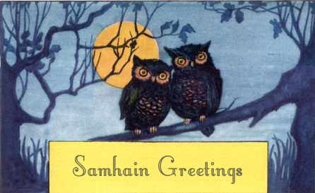 Samhain Greetings Two Owls Sitting On Tree Branch