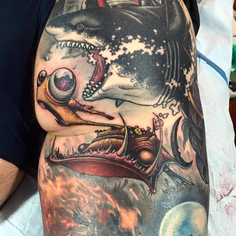 Shark eating Pranga Angler Tattoo By Jesse Smith Art