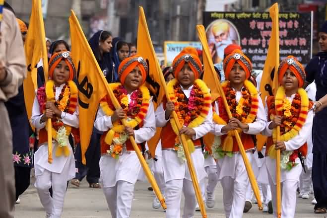 Sikh Children Dressed As Panj Pyare Taking Part In Nagar Kirtan During Guru Nanak Jayanti