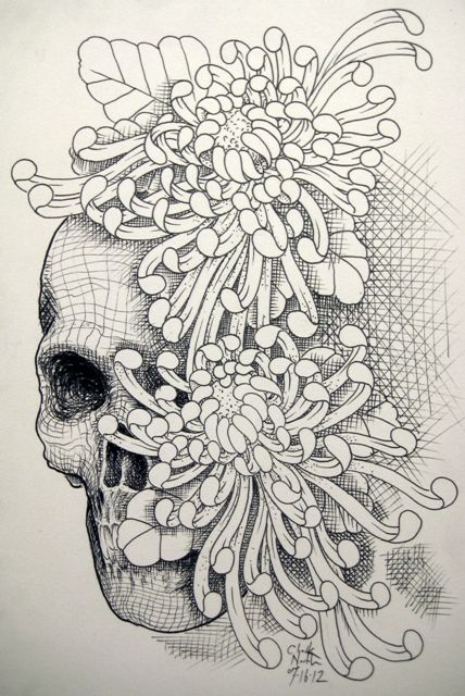 Skull And Chrysanthemum Tattoo Design