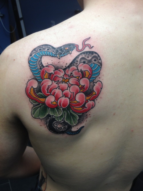 Snake And Chrysanthemum Tattoo On Left Back Shoulder