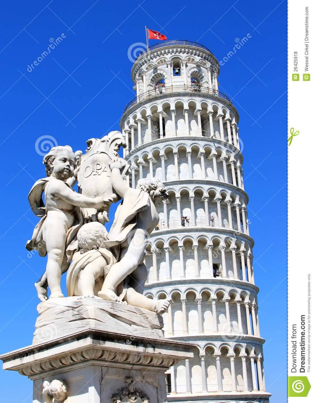 Statues Of Three Angels In Front Of Leaning Tower Of Pisa