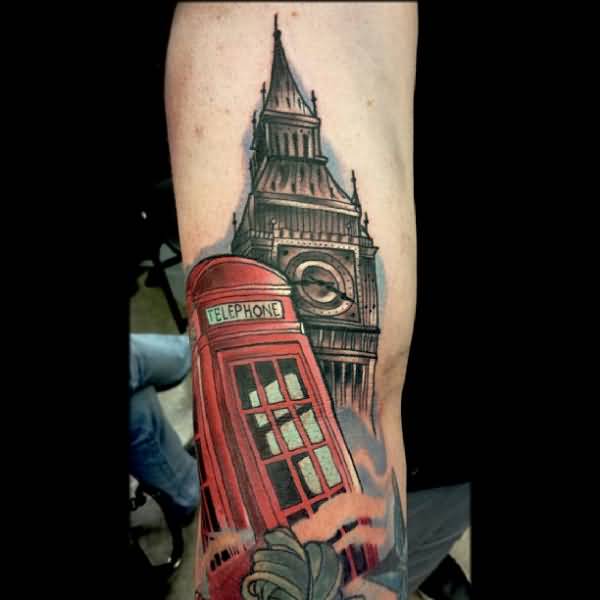 Telephone Booth And Big Ben Tattoo On Sleeve