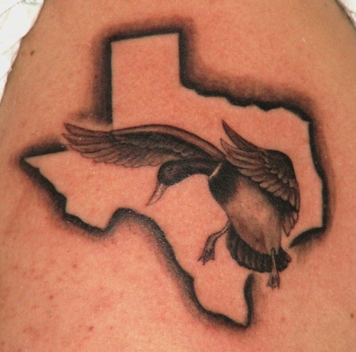 Texas Map And Grey Ink Duck Tattoo