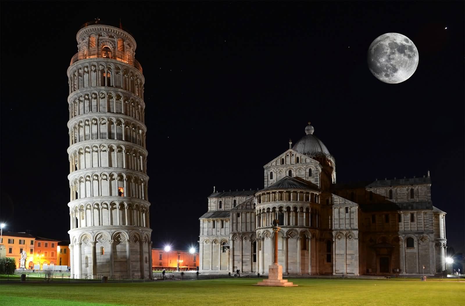 The Leaning Tower Of Pisa At Night With Full Moon