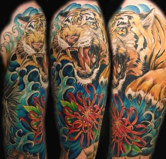 Tiger And Chrysanthemum Tattoo Design For Half Sleeve