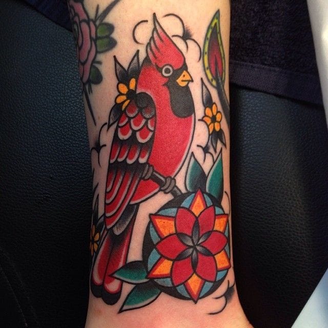 Traditional Cardinal Tattoo On Full Sleeve