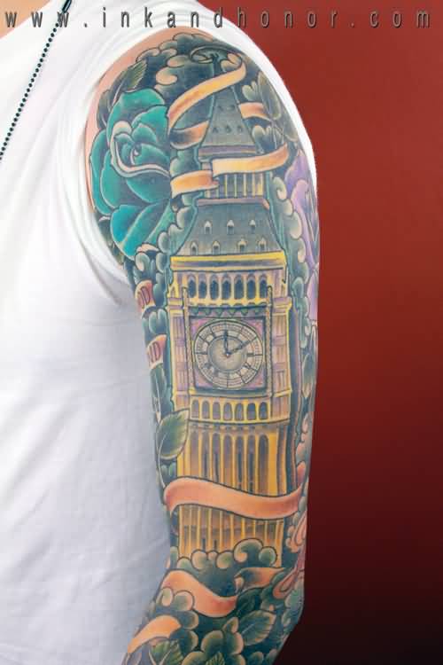 Traditional Colored Big Ben Tattoo On Left Half Sleeve