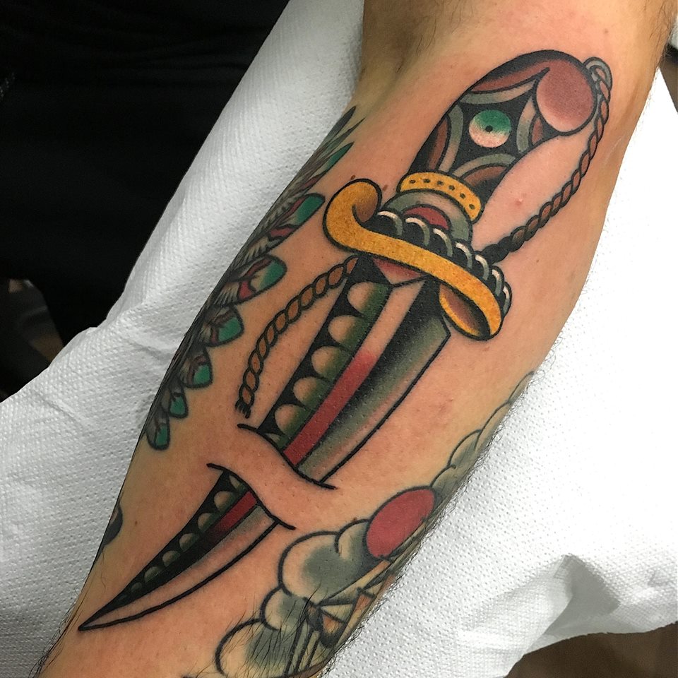 Traditional Knife Tattoo On Sleeve by Fabio Onorini