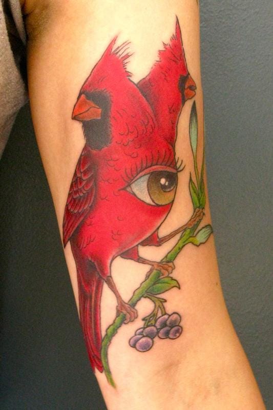 Unique Cardinal With One Eye And Two Heads Tattoo On Sleeve