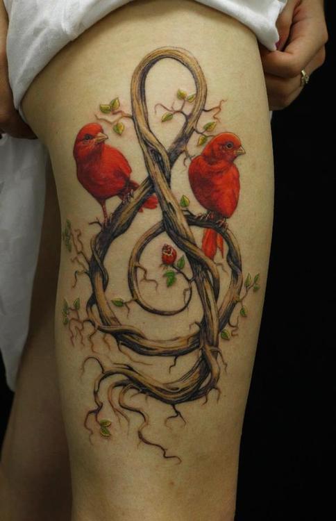 Violin Key Of Tree Roots And Cardinal Tattoos