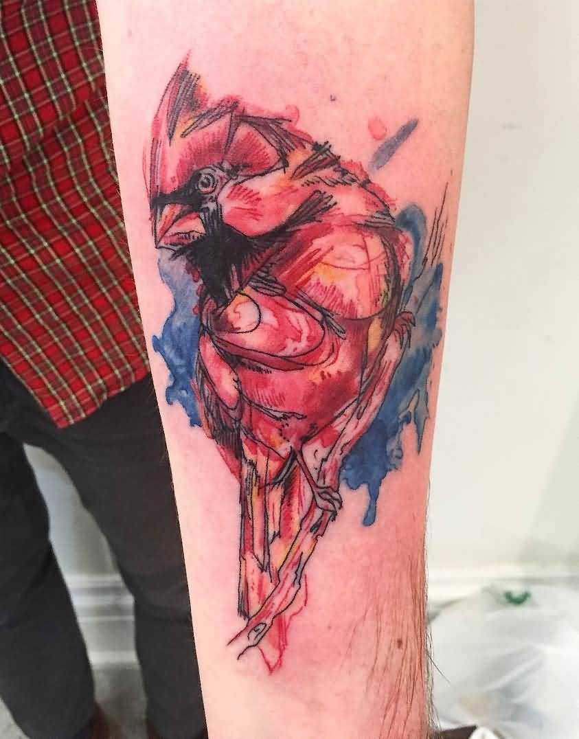 Watercolor Cardinal Tattoo On Left Forearm