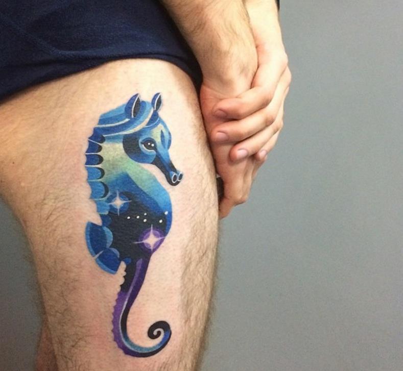 Watercolor Seahorse Tattoo On Side Thigh by Sasha Unisex