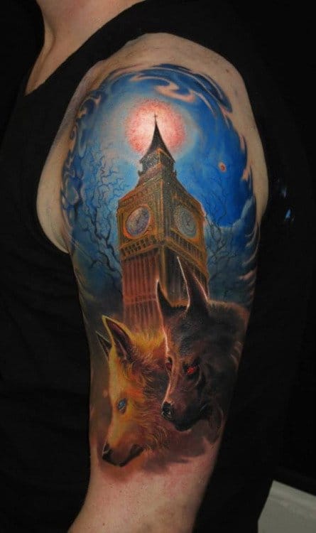 Wolf Heads And London Big Ben Tattoo by Piotr Deadi Dedel