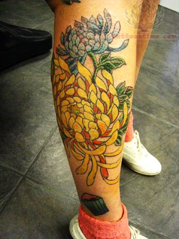 Yellow Chrysanthemum Tattoo On Girl Right Leg